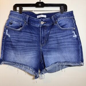 New KanCan Women's 34/36 Blue Denim Distressed Frayed Hem Shorts Mid Rise
